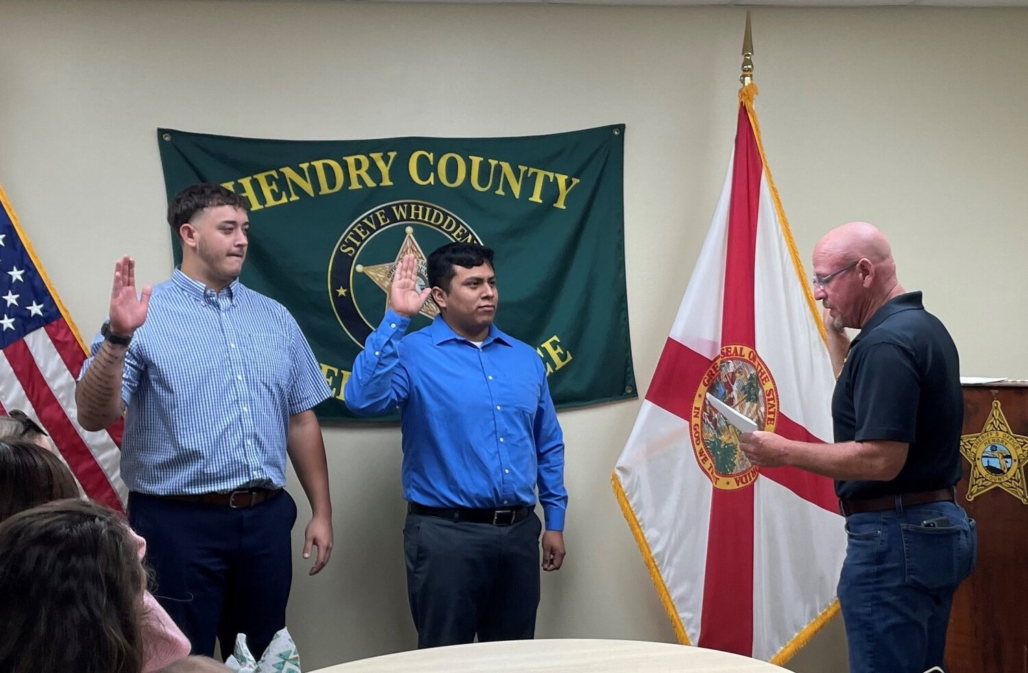LABELLE -- Two new officers joined Hendry County Sheriff's Office on Nov. 2. Left to right are Deputy D. Blanco, Sheriff Steve Whidden and Deputy Isaac Cadena.